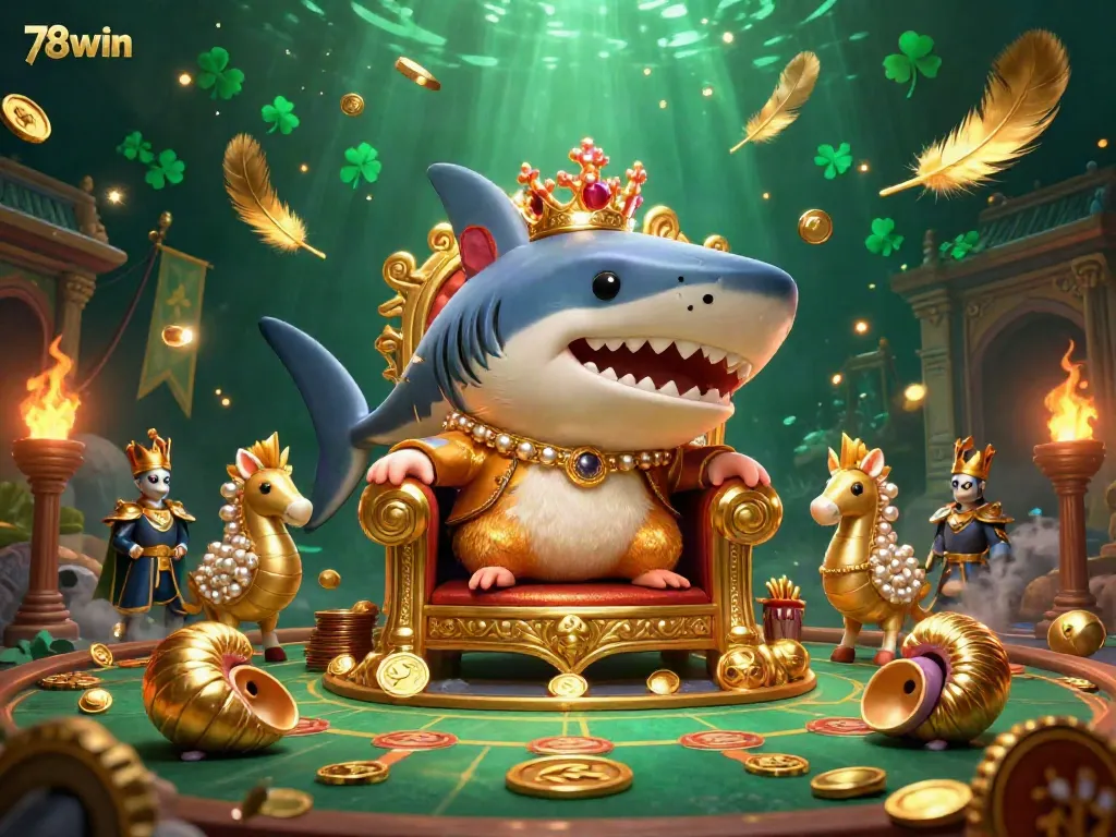 Experience thrilling gameplay moments with 78win and a tiny golden hamster king in a vibrant underwater casino scene.