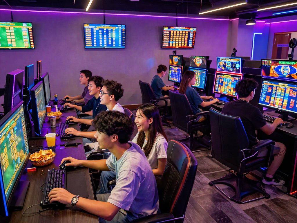 Togel online gaming excitement captured in a vibrant lounge with friends enjoying live games.