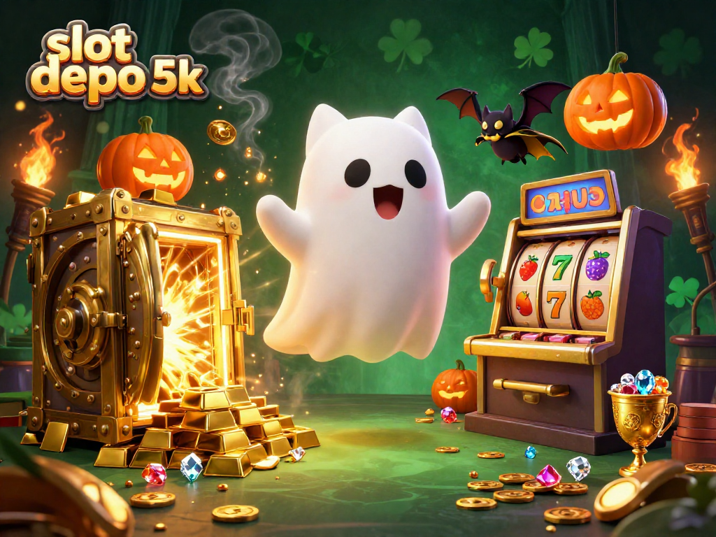 Engage with thrilling slot depo 5k excitement in a vibrant haunted casino scene featuring playful ghost cat and bat.