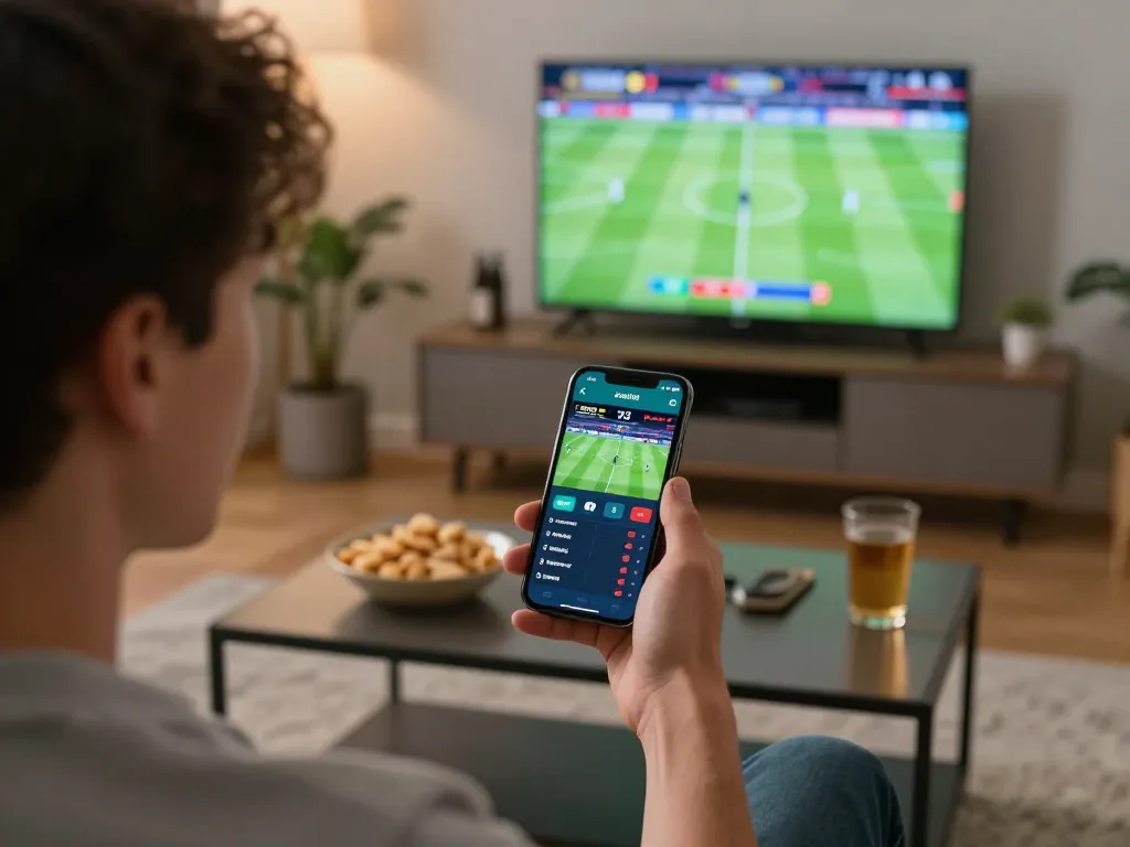 Soi Kèo sports betting scene with a user engaging on smartphone, showcasing excitement and strategic gameplay