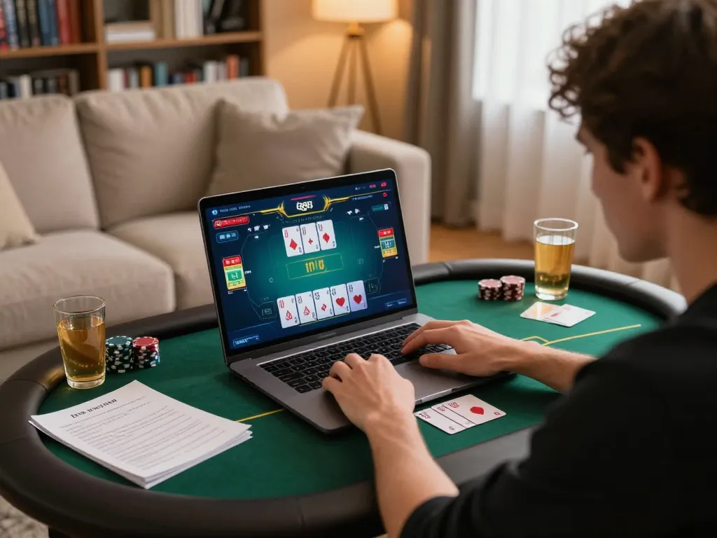 Player enjoying poker on gg88 platform, with drinks and strategy notes in a cozy environment.