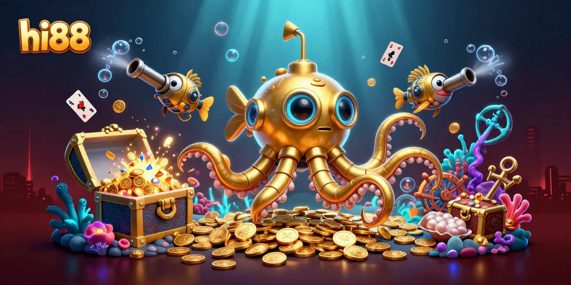 Engage with hi88's exciting underwater casino adventure featuring a golden kraken amidst treasure.