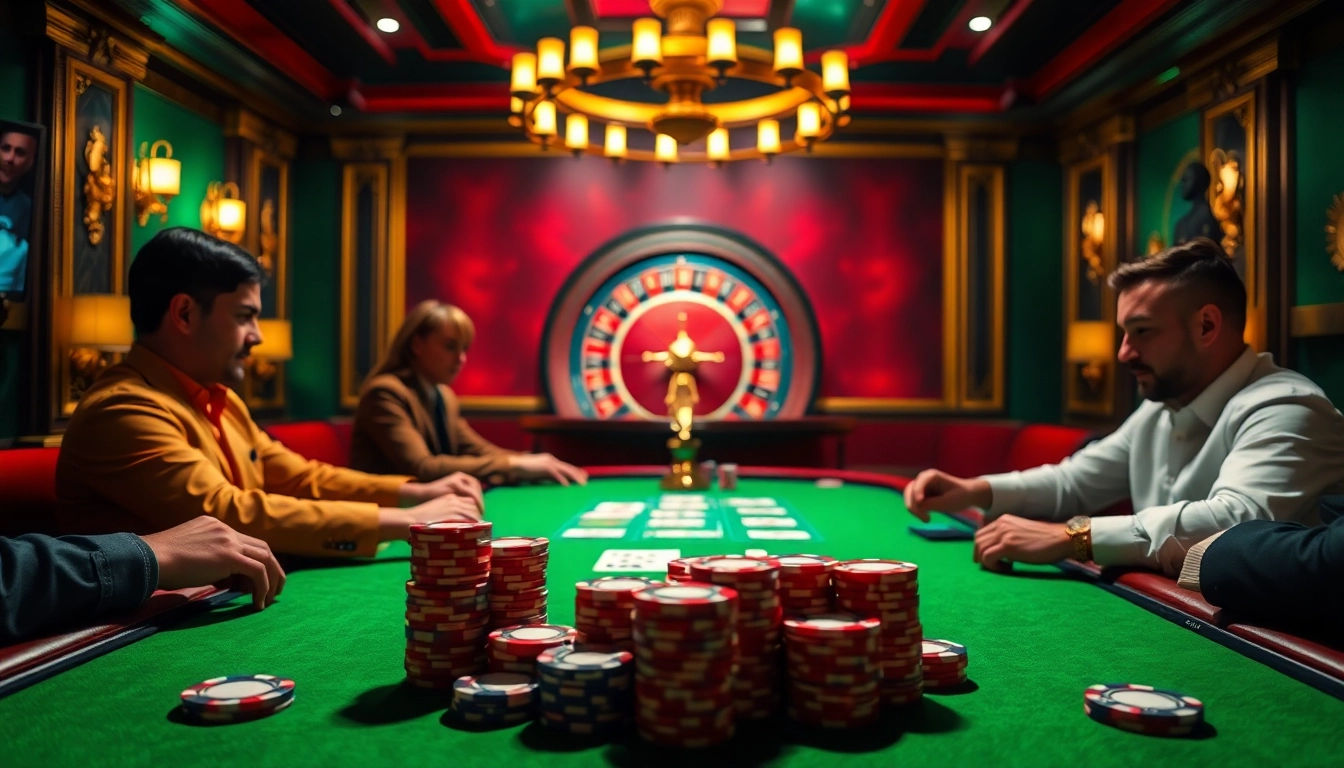 VMAX players enjoying an intense poker game with vibrant chips and a roulette wheel in a luxurious casino setting.