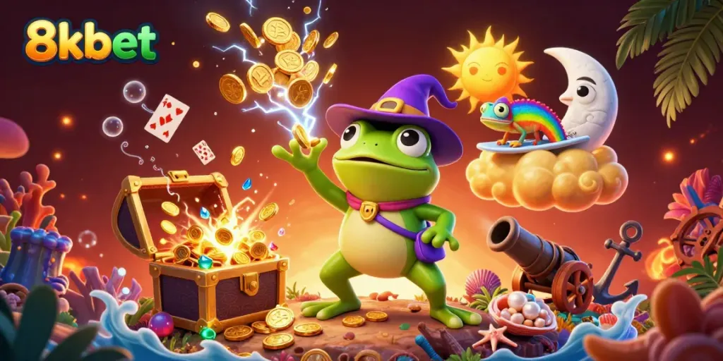Experience the excitement of 8kbet with a jubilant storm of golden coins and quirky characters in a vibrant casino setting.