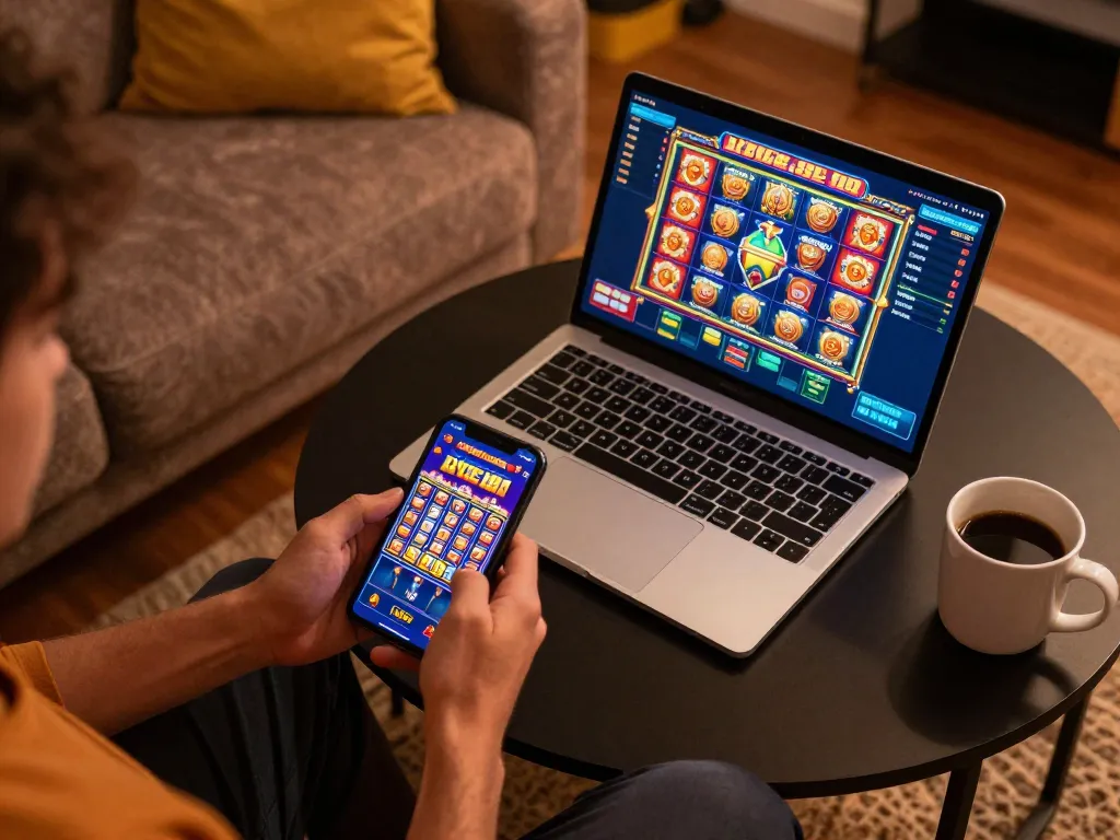 Player enjoying an immersive gaming experience on AZTEC888 through mobile and laptop, showcasing vibrant gameplay.