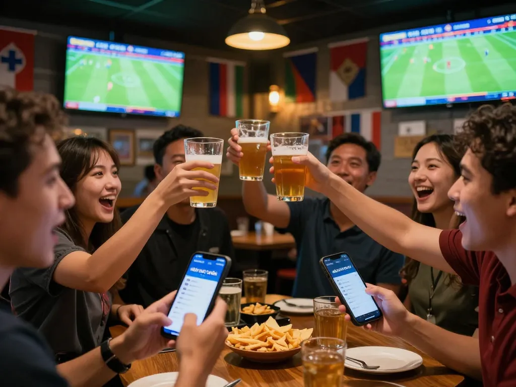 KÈO TRỰC TUYẾN app interface shown in a lively sports bar with fans enjoying matches.