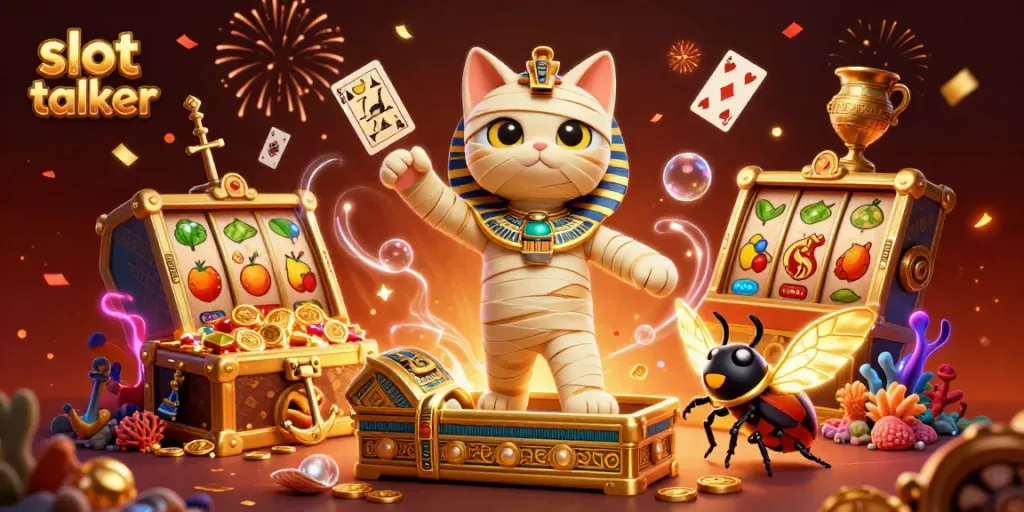 Engage in vibrant slot action with slot talker, featuring a mummy cat and glowing scarab in a casino atmosphere.