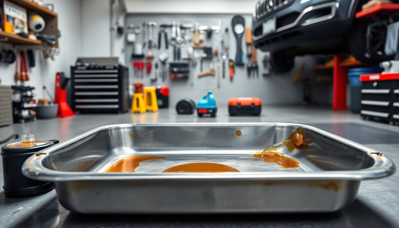 Efficiently using an Oil Drain Pan in a clean garage workspace.