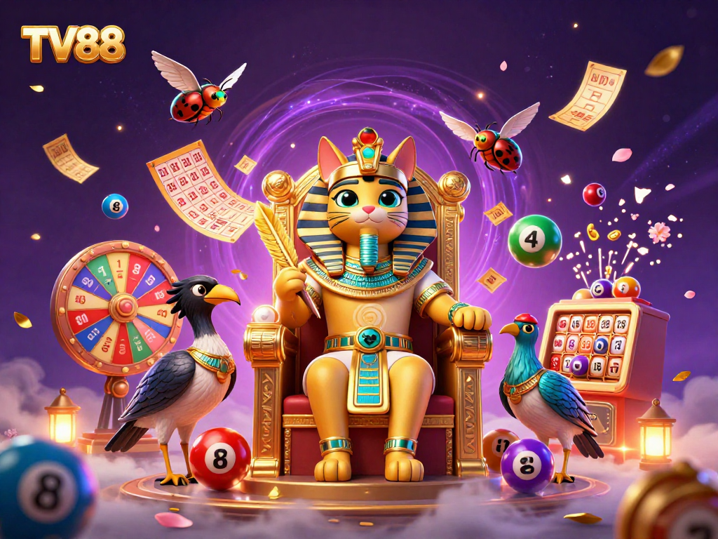 Engage with TV88's thrilling games as the pharaoh cat reigns over a vibrant casino atmosphere.