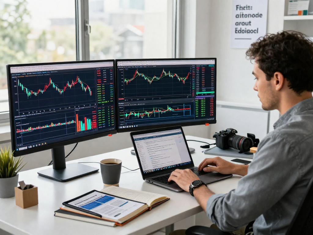 Trader using MetaTrader 5 platform on multiple screens in a modern office setup.