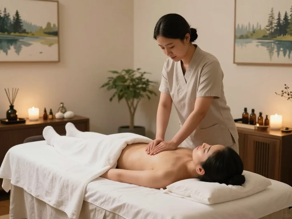 편안한 조명과 아로마 오일이 이완을 높여주는 평온한 웰니스 스파에서의 치평동마사지 세션