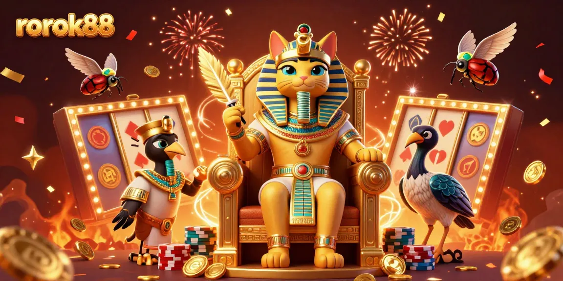 Experience excitement at rokok88 with a golden throne, slot reels, and festive elements.