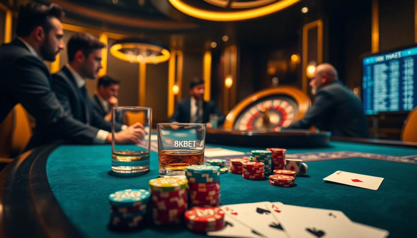 Experience thrilling poker action at 8KBET's luxurious casino featuring vibrant chips and a spinning roulette wheel.
