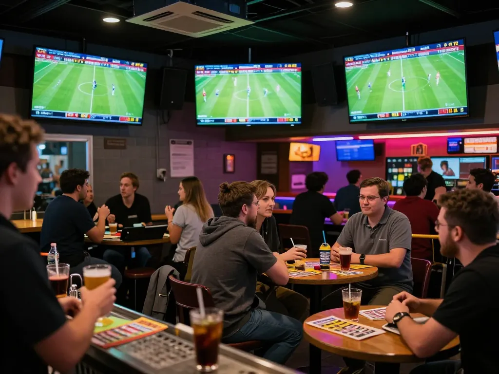 Fans analyzing Tỷ lệ kèo nhà cái at a lively sports bar during an exciting football match