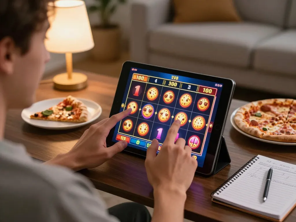 Engaging online player celebrating a slot bet 100 win with colorful graphics on tablet.