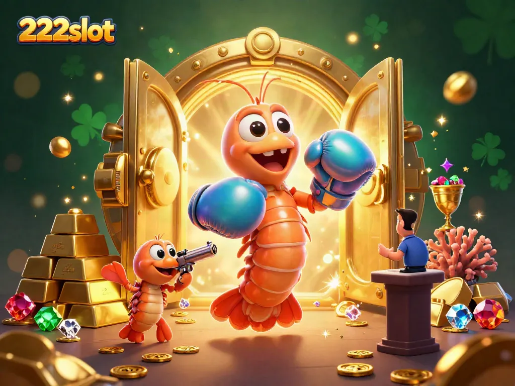 Grafik slot online 222slot dengan karakter udang mantis, udang pistol, dan grouper, menyuguhkan keseruan.