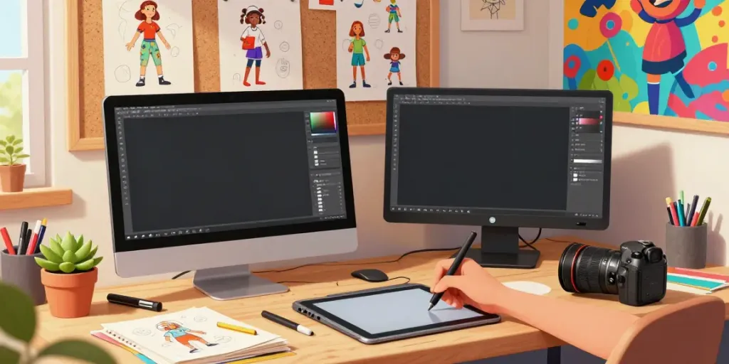 Creative workspace with AI character sheet generator in use, featuring digital artwork and character designs.