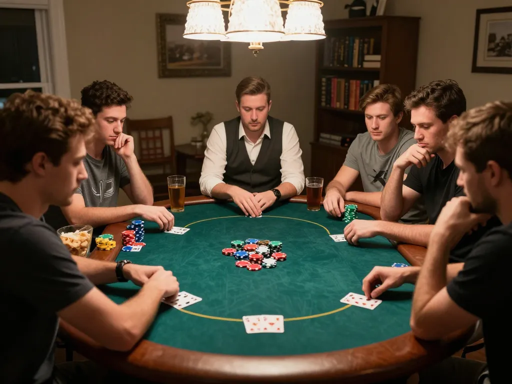Friends enjoying an engaging game of Texas Hold'em during a cozy home poker night, featuring domino88 login.