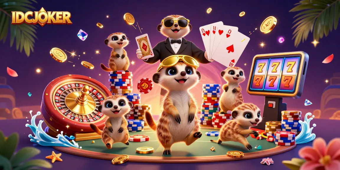 IDCJOKER meerkats playfully managing a dynamic casino scene with thriving slot games.