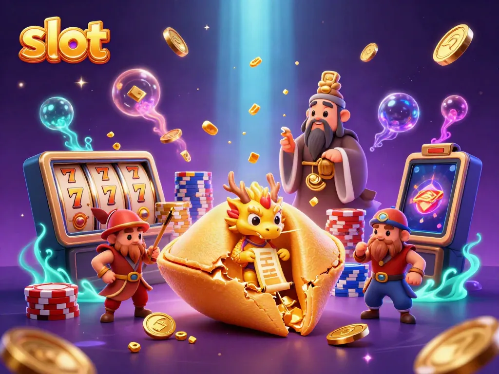 Experience the thrill of slots with a golden fortune cookie scene full of dynamic gaming elements.