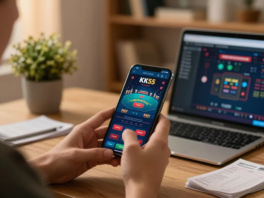 Experience seamless gambling with KK55 mobile app in a cozy home office setting