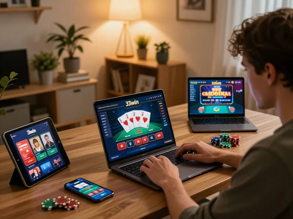 Engaging user analyzing strategies on 33win online casino platform with poker cards visible.