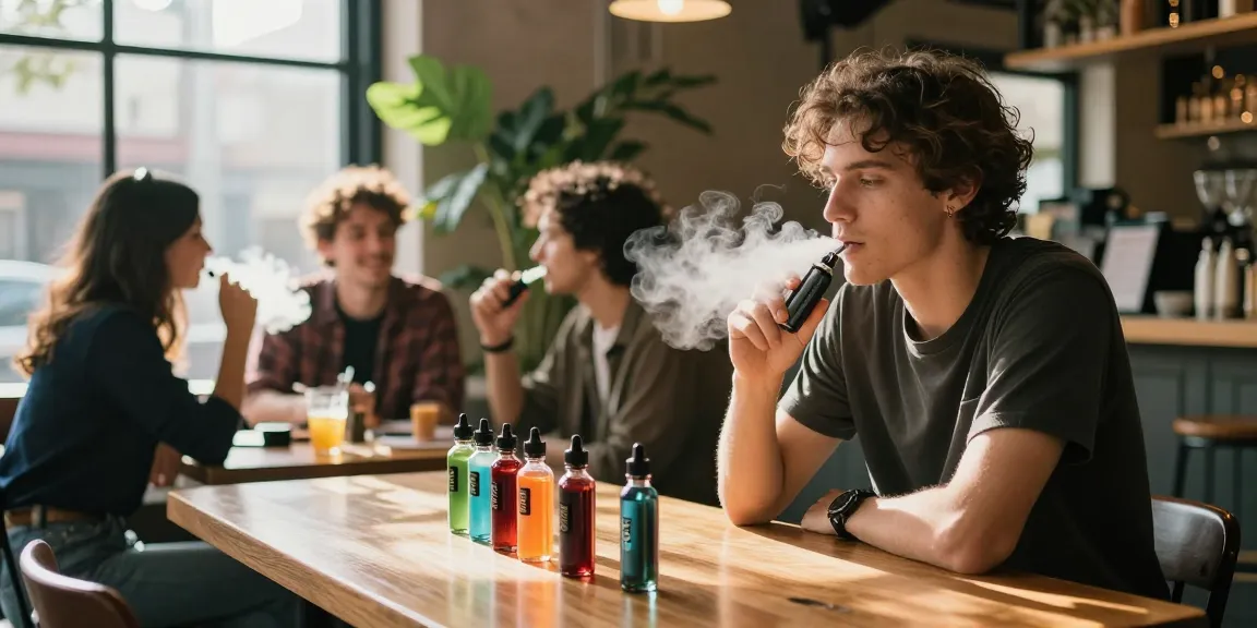Vibrant vape lifestyle scene at 蒸氣天堂 café with friends enjoying flavored vape.