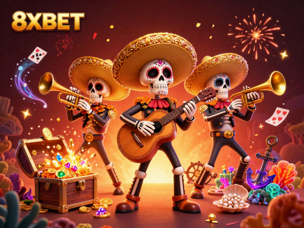 Experience the vibrant energy of 8XBET with a colorful scene featuring a mariachi band surrounded by casino treasures and gaming elements.