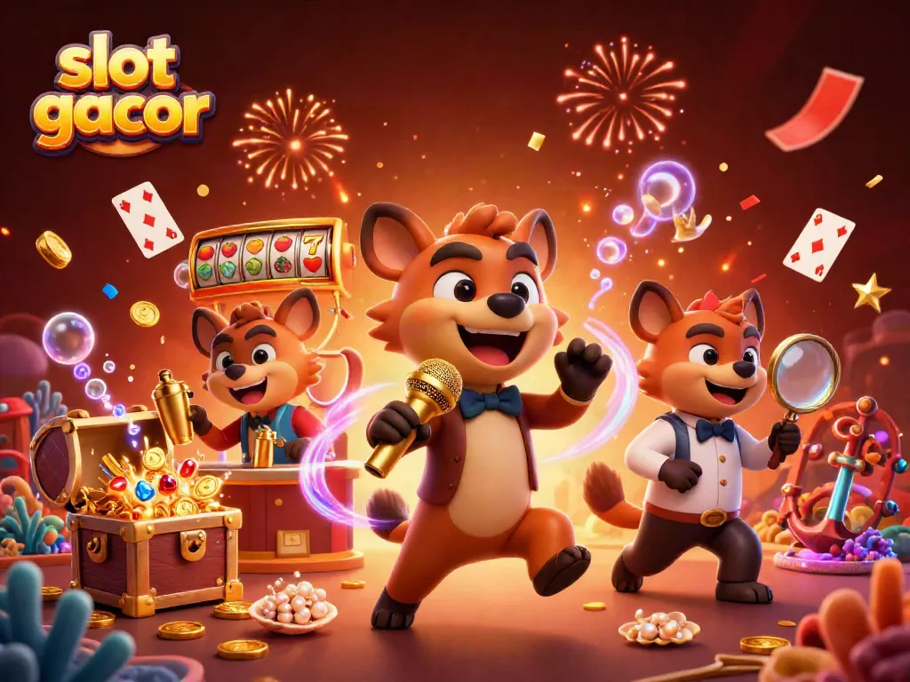 Visualisasi slot gacor dengan hyena komedi, bartender, dan bouncer di kasino.