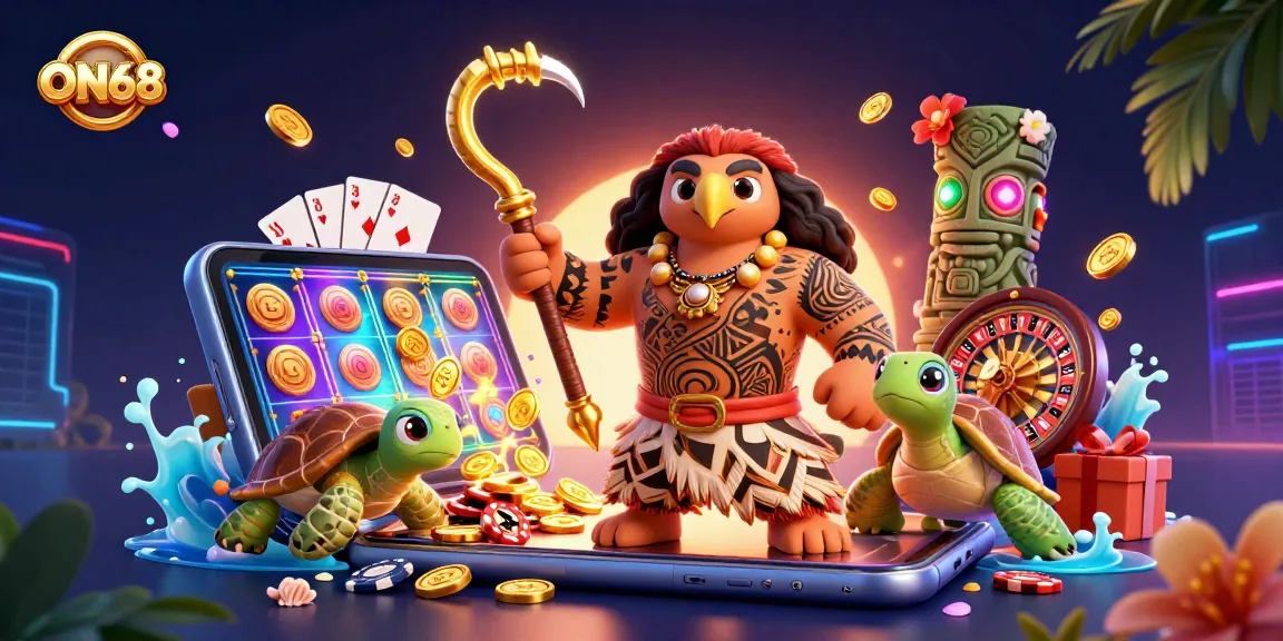 Engage with the vibrant gaming world of ON68 featuring a Polynesian demigod and dynamic casino elements.