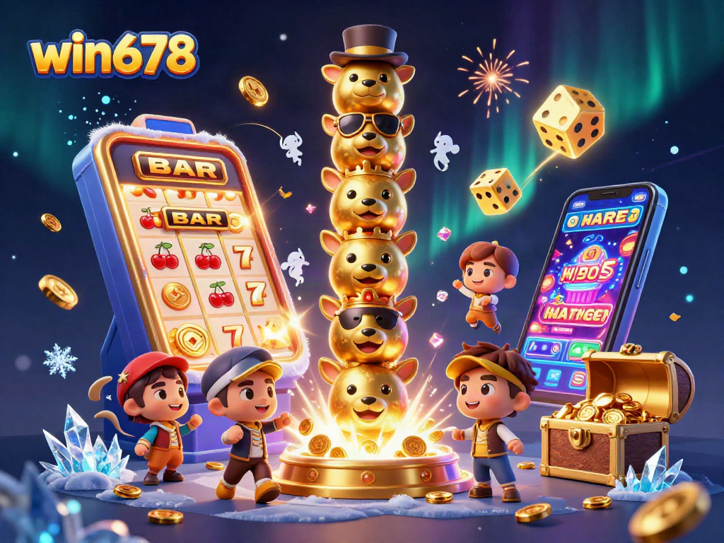 win678 interactive casino experience showcasing 3D totem pole, vibrant slot machines, and thrilling gameplay elements