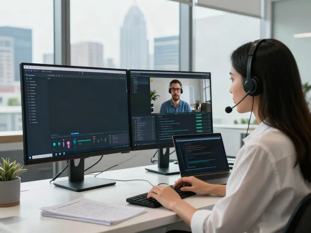 Deepfake protected Online Video Calls during a professional video conference in a modern office.