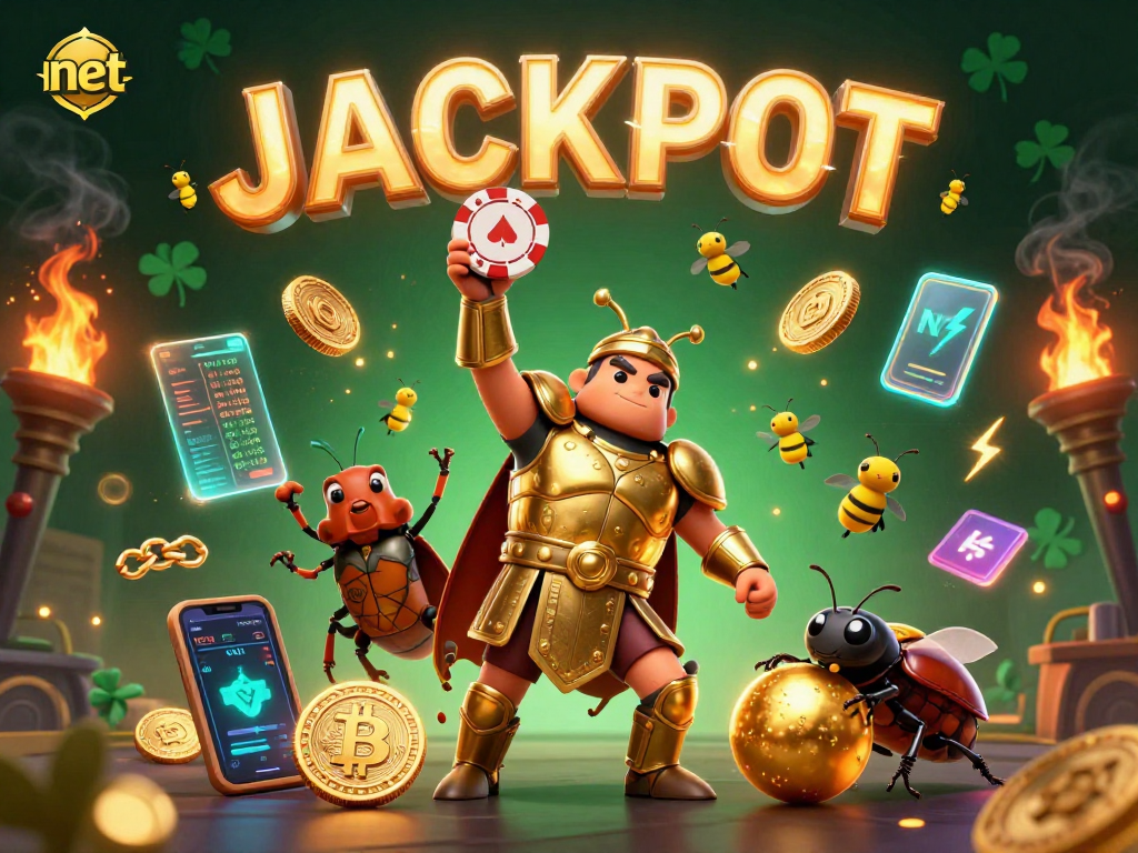 Win with net while the hercules beetle celebrates a jackpot surrounded by crypto coins.