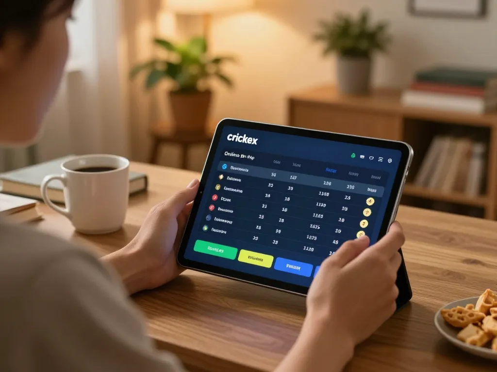 Engaging scene of a player using the Crickex platform for online cricket betting at home, showcasing strategic gameplay