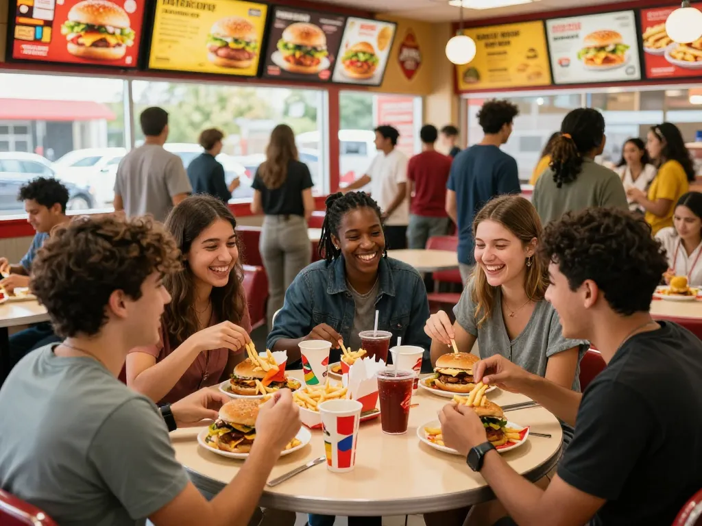 Friends enjoying a fast food menu meal together, filled with burgers and fries, in a lively restaurant setting.