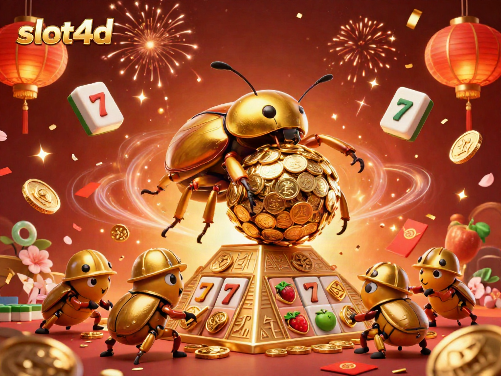 Experience thrilling slot4d gameplay with vibrant golden beetles and casino symbols in a lively scene.
