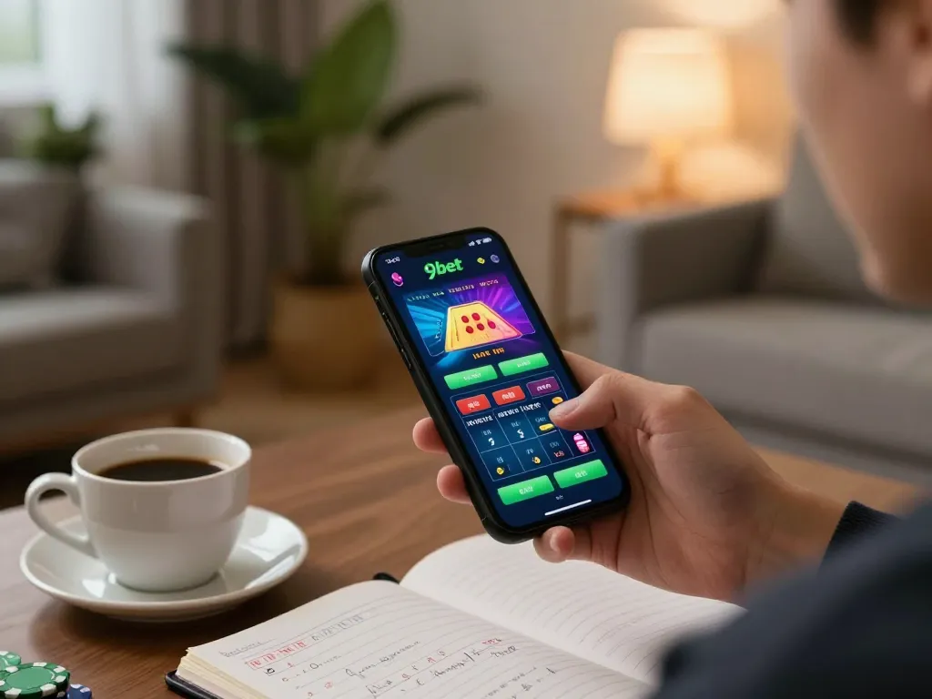 Player enjoying a live dealer game on the 9bet app in a cozy home setting.