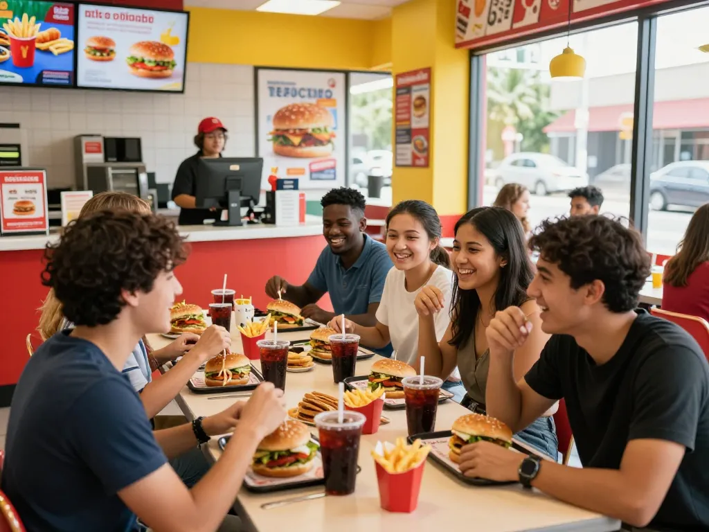 Delicious fast food menu items enjoyed by friends in a lively restaurant setting.