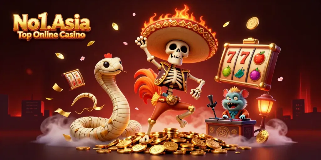 Experience vibrant 3D scene depicting No1.Asia Top Online Casino with unique characters, jackpot visuals, and festive details.