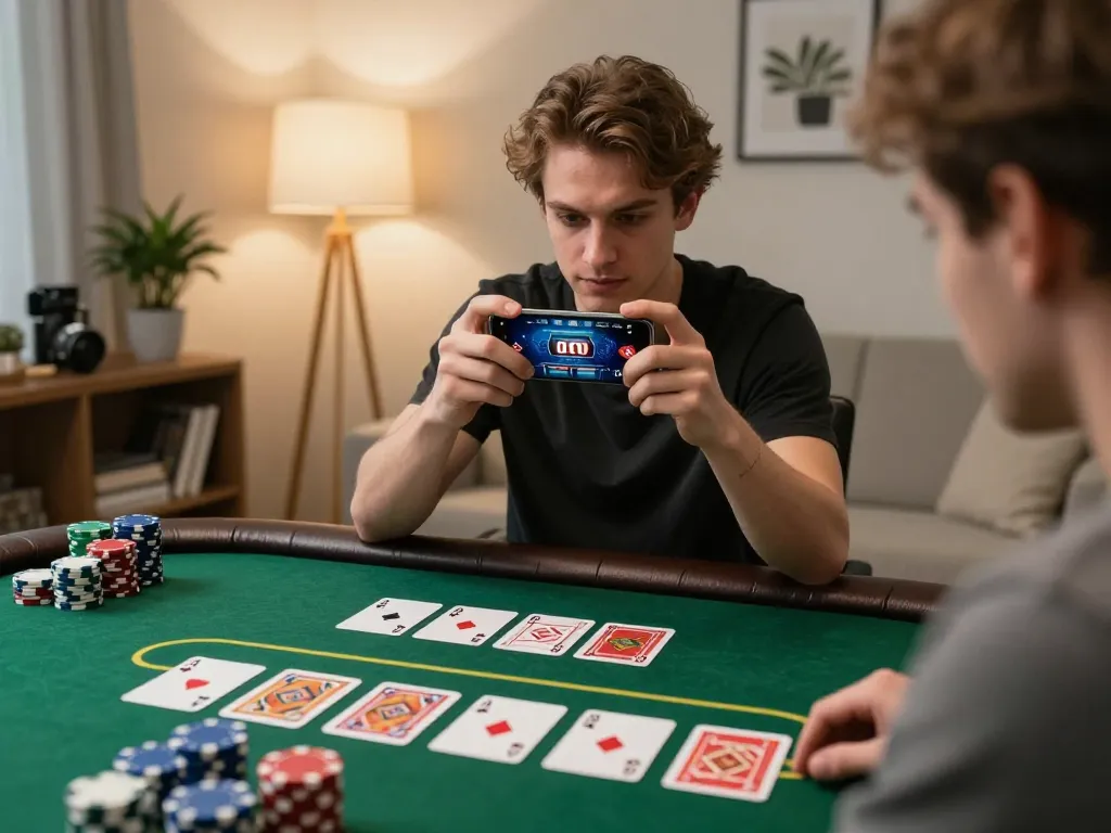 LLWIN user strategizing in intimate home setting while playing poker on mobile app.
