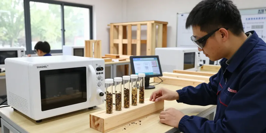 SHASHEL® technician demonstrating microwave woodworm elimination in a high-tech workshop.