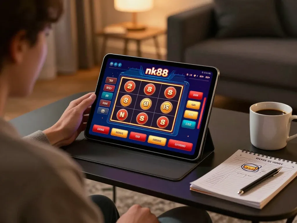 Play nk88 slots on a tablet in a cozy home setup for a strategic gaming experience