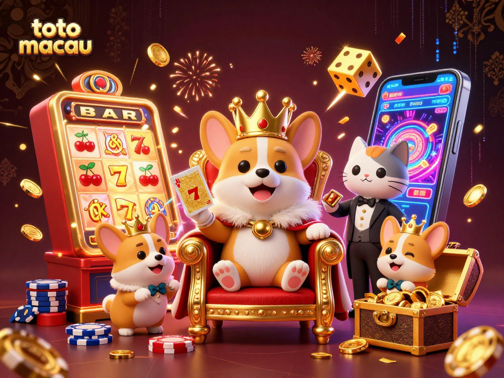 Toto Macau highlights a royal corgi on a throne amid jackpot excitement in a vibrant casino scene.