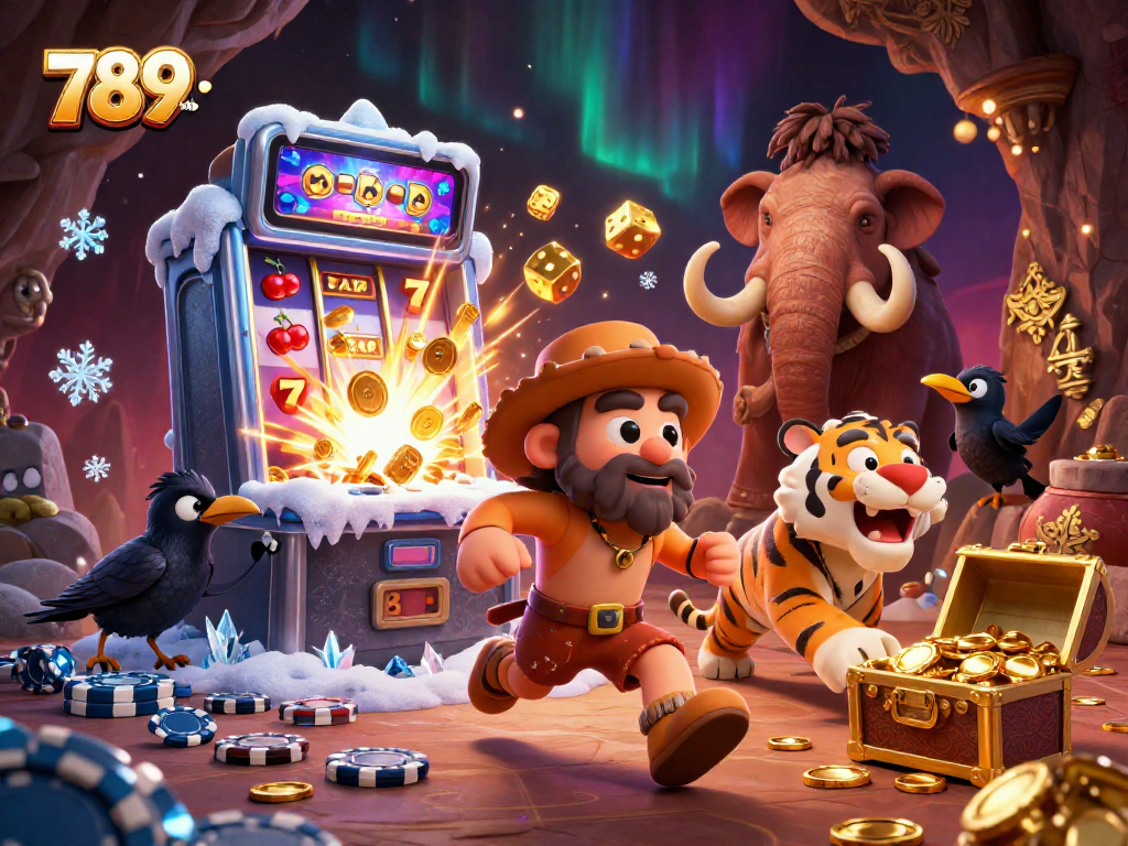 Bet on exciting games at 789club with our cartoon duo in a vibrant prehistoric casino scene.