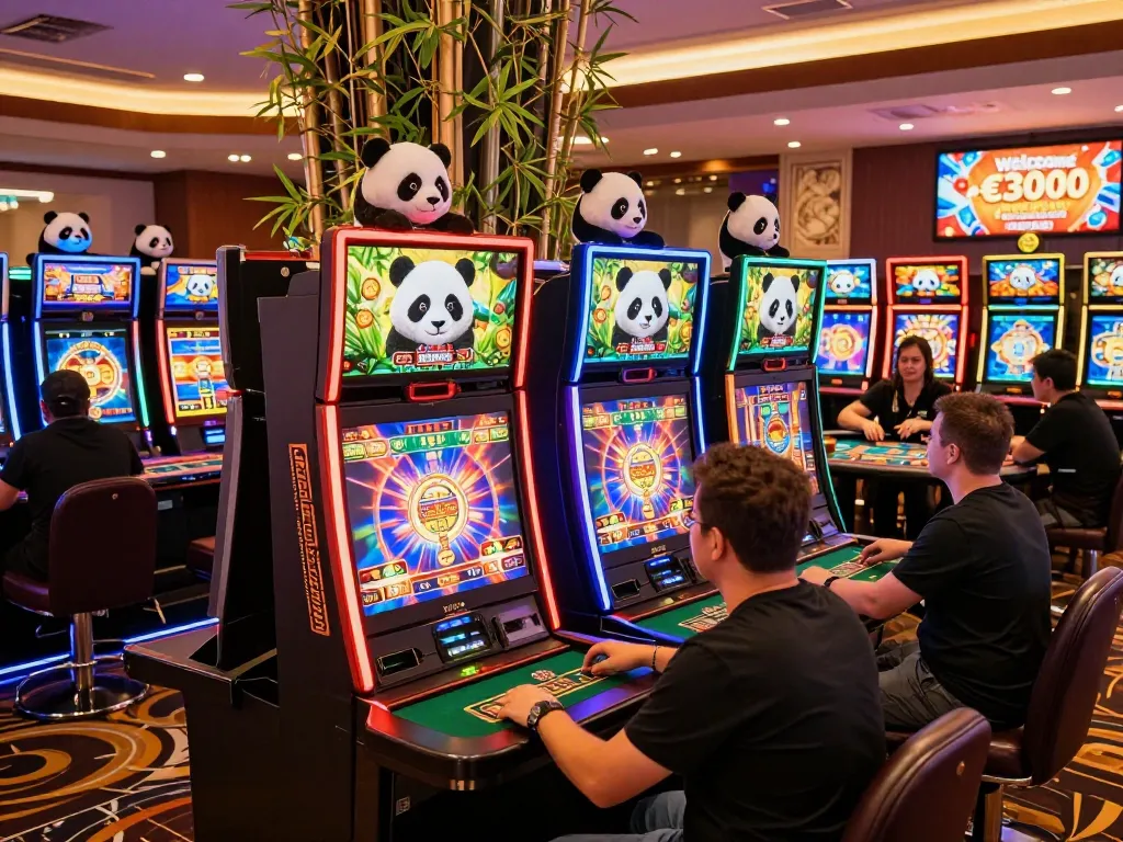 Exciting panda casino scene with vibrant slots, players, and welcoming atmosphere.