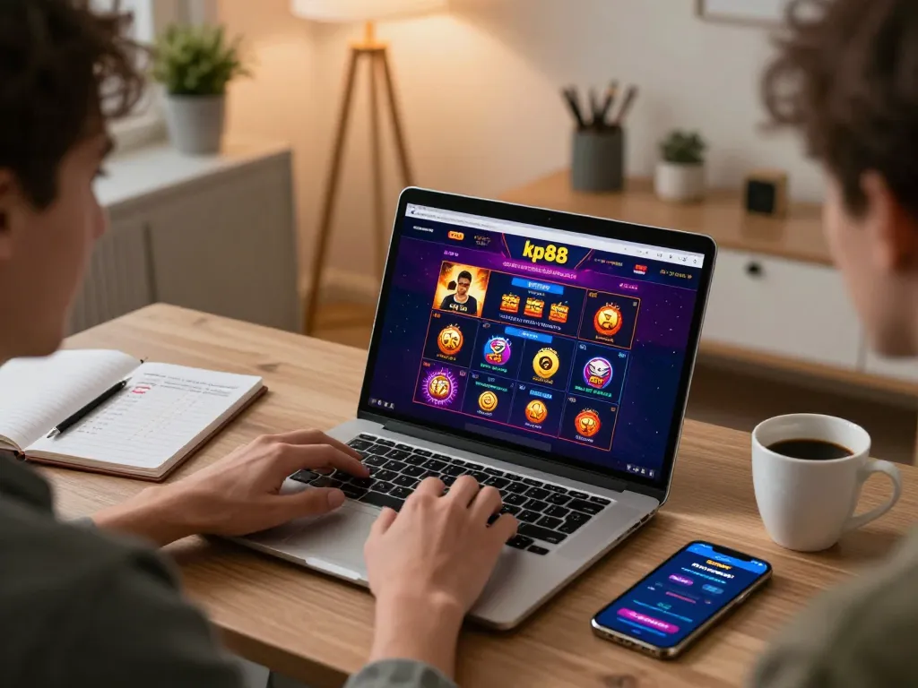 Engaging online gaming action at kp88, with player immersed in strategy using a laptop in a cozy setting.