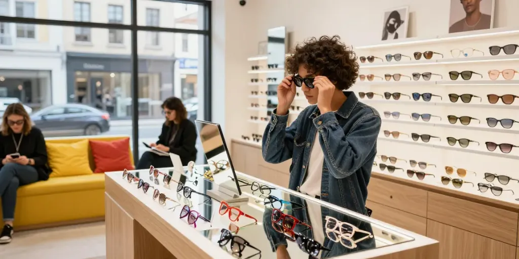 Visão moderna na Ótica Avaré com clientes experimentando óculos estilizados e ambiente iluminado.