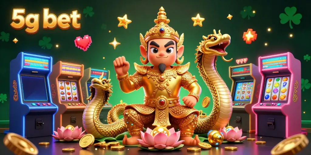 Engage in the thrilling world of 5g bet with vibrant 3D illustrations of a Thai guardian and engaging gaming elements.
