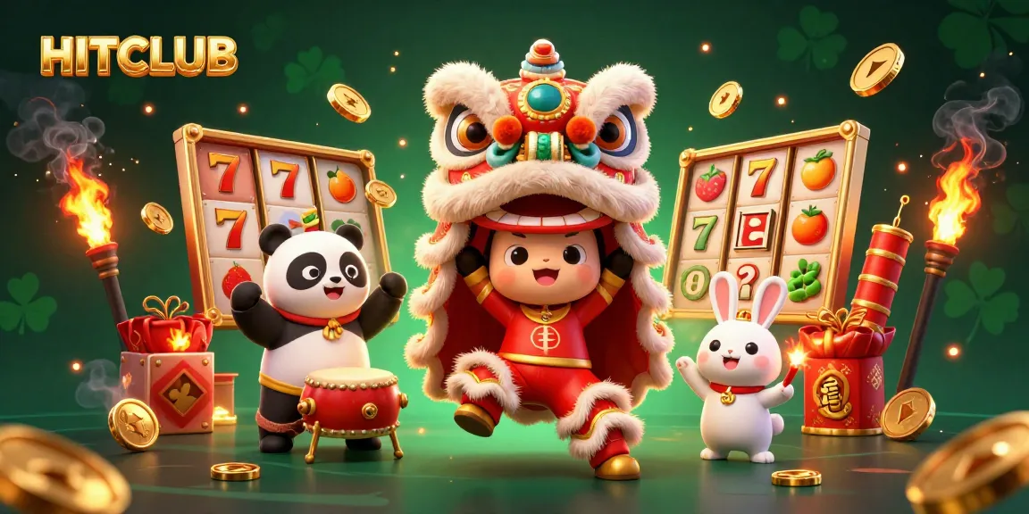 Experience thrilling jackpots at HITCLUB with a vibrant illustration showcasing slot reels and festive characters.