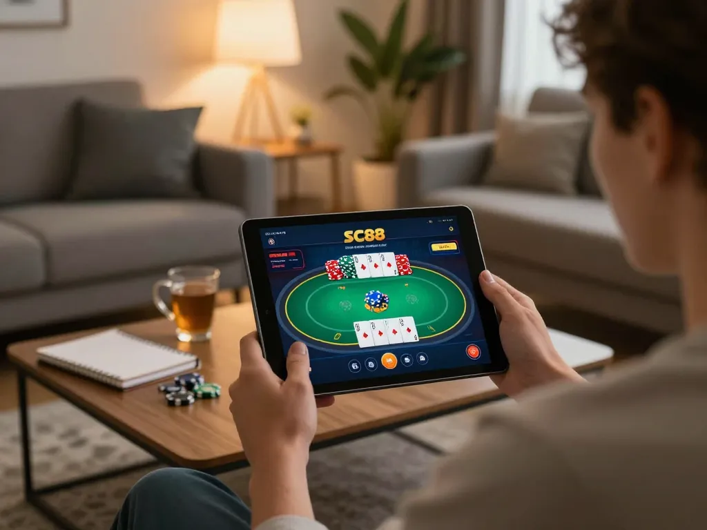 Enjoying online gaming at SC88 on a tablet with poker strategies in a cozy home setting
